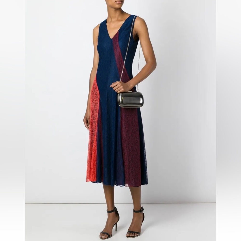 Tory Burch Iliana Paneled Lace Color Blocked Midi Dress in Navy Size 10